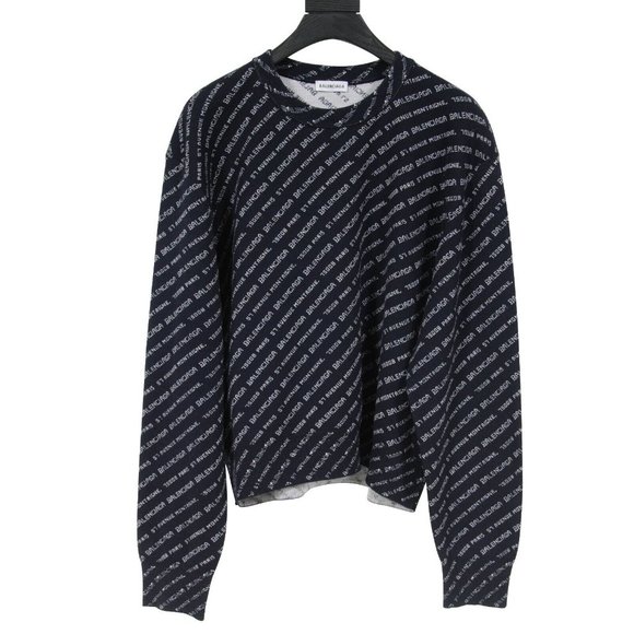 Balenciaga Womens Sweater Large FR 42 Blue White Logo Cropped Crew Neck Pullover - Picture 1 of 8